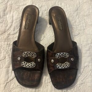 Brighton Women's 6 N Brown Animal Print Open‎ Toe Slip On Sandals Silver Buckle
